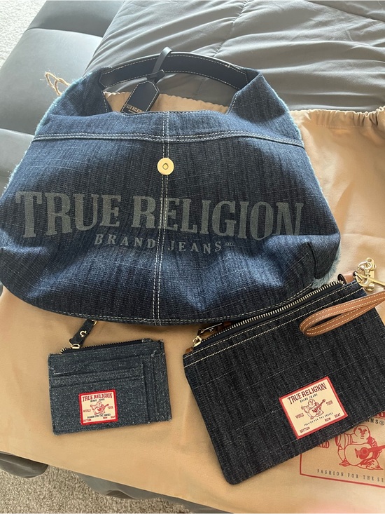 True Religion Handbags - True Religion shoulder/tote bag set Blue Denim Logo Hobo with Wristlet